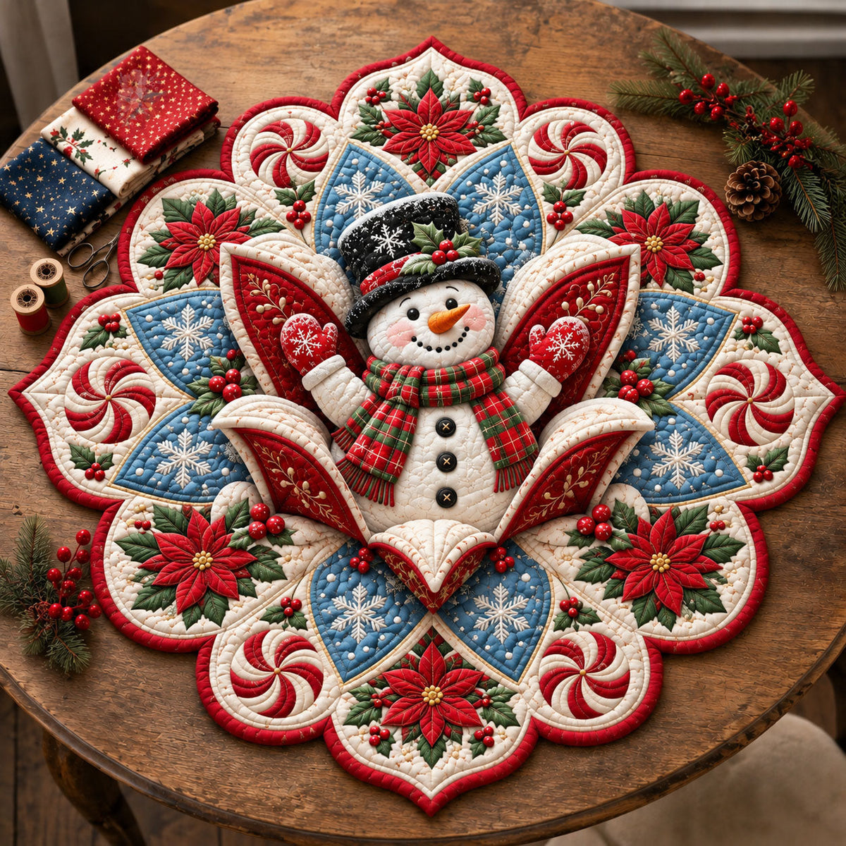 Snowman Peppermint Joy Custom Shape Quilted Table Topper
