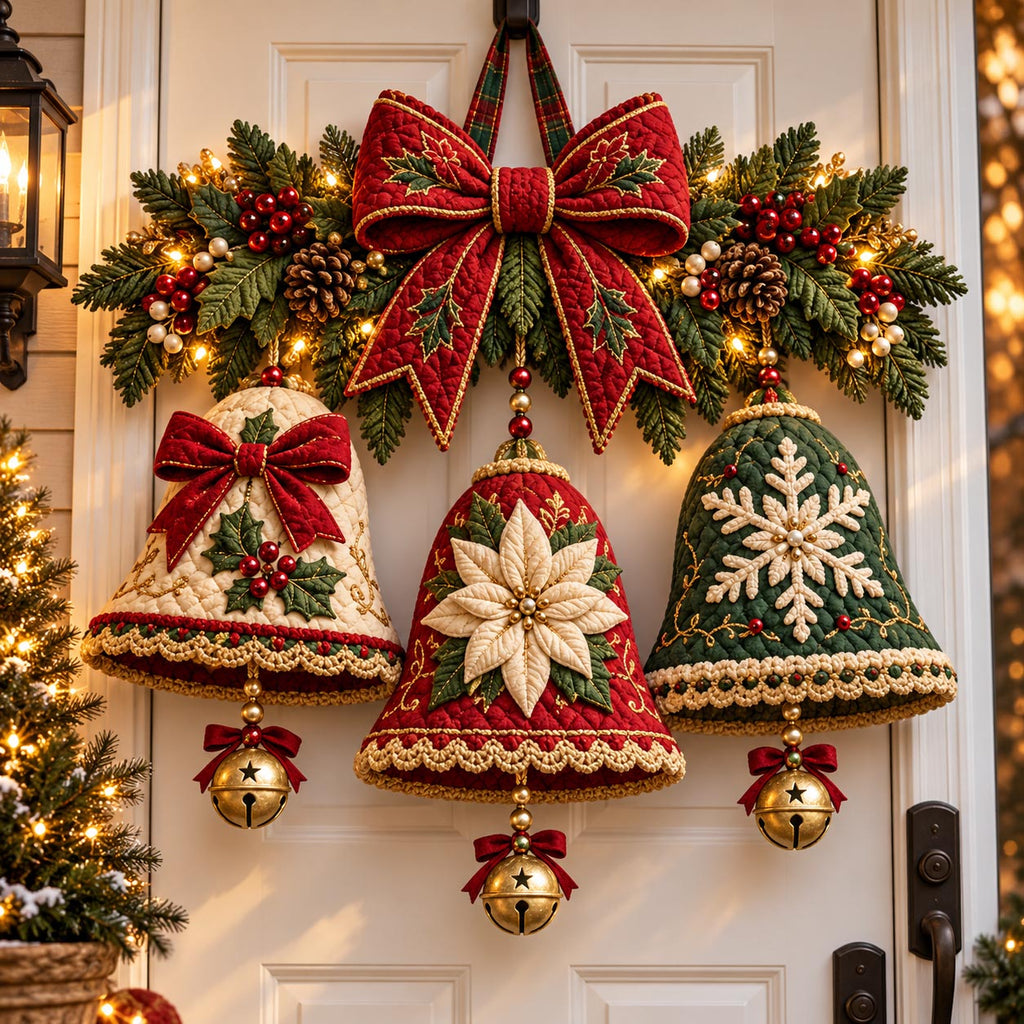 Christmas Bell Bow Custom Shape Quilted Door Hanger