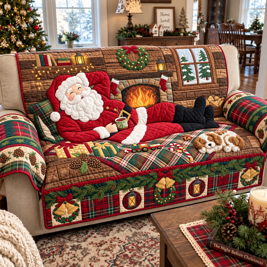 Warm Flannel Santa by the Fire Quilted Sofa Cover