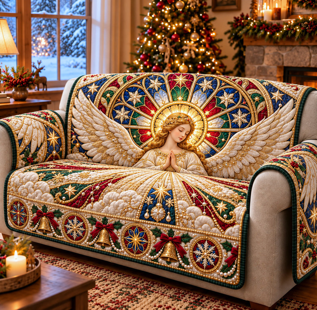 Stained Glass Cathedral Angel Quilted Sofa Cover