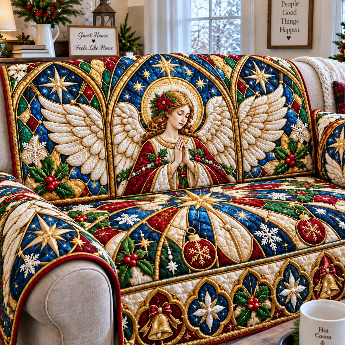 Graceful White Dove Angel Quilted Sofa Cover