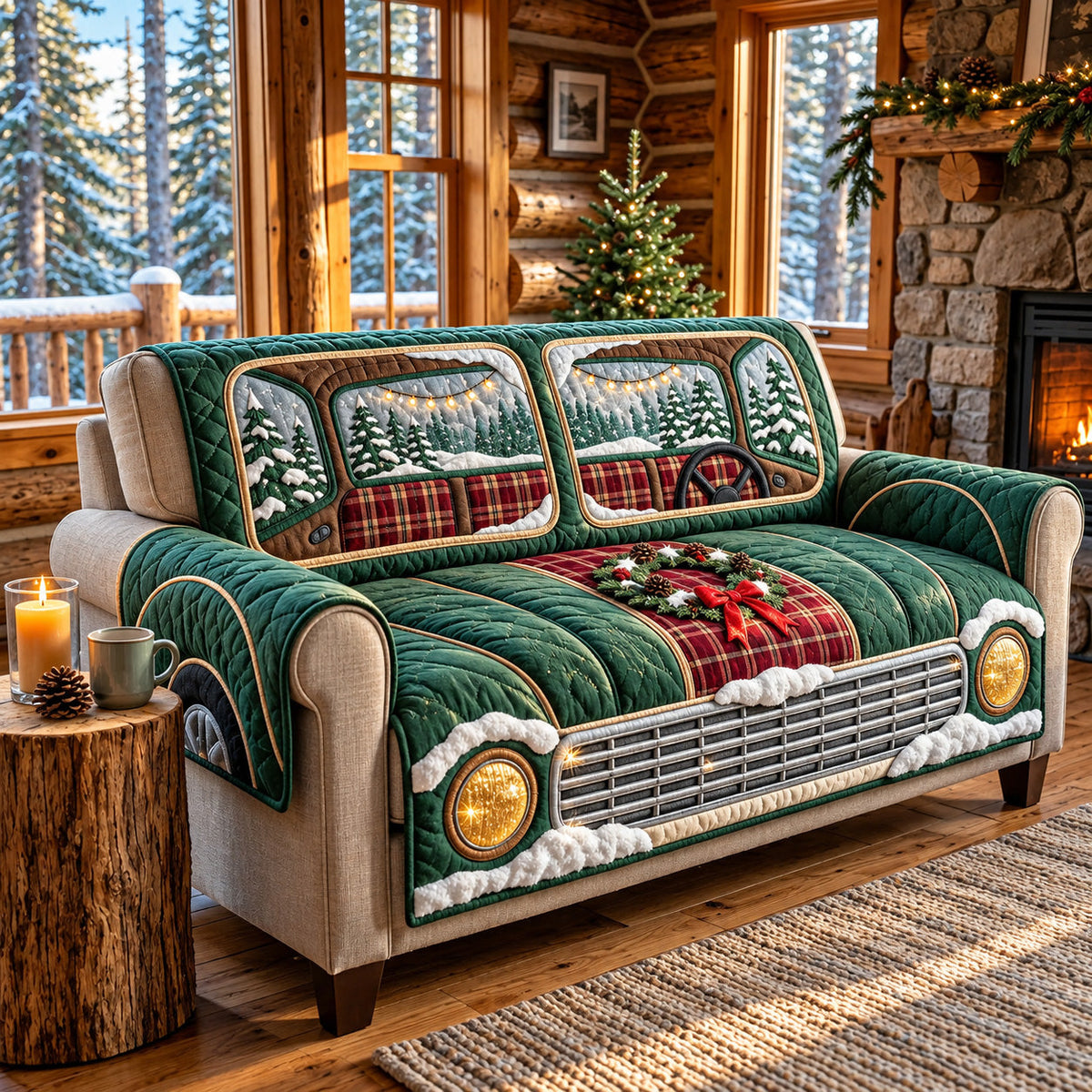 Rustic Tree Farm Timber Truck Quilted Sofa Cover