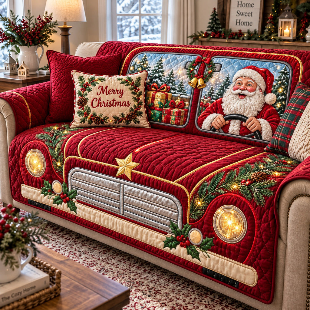 Antique Santa Holiday Convertible Quilted Sofa Cover
