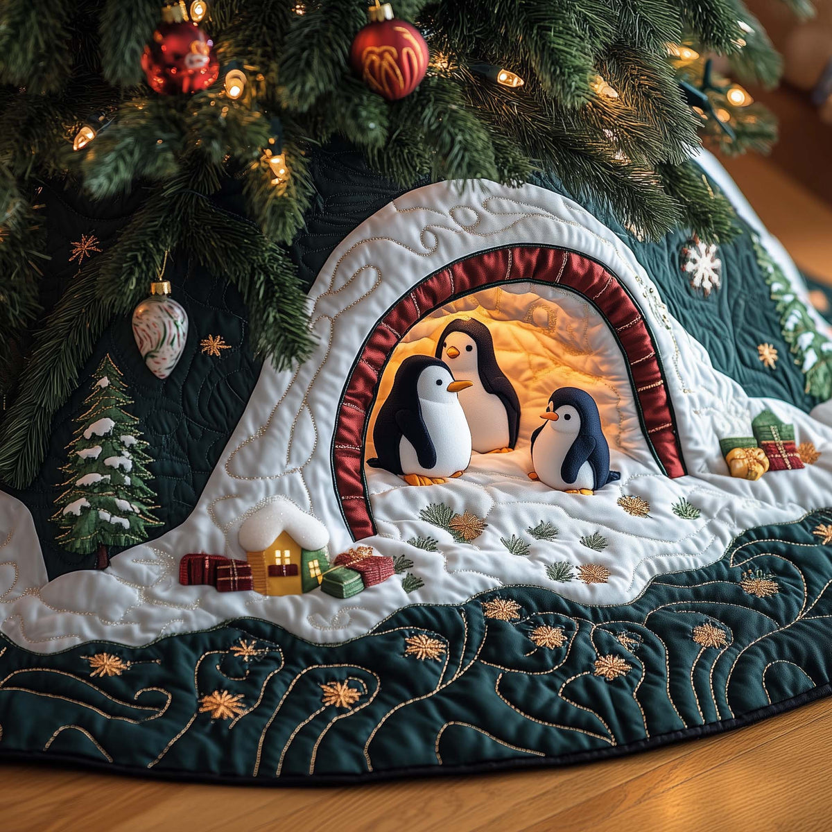 Playful Penguin Quilted Tree Skirt