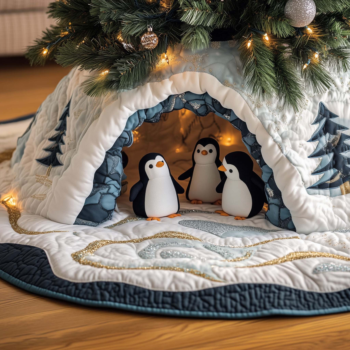 Festive Penguin Quilted Tree Skirt
