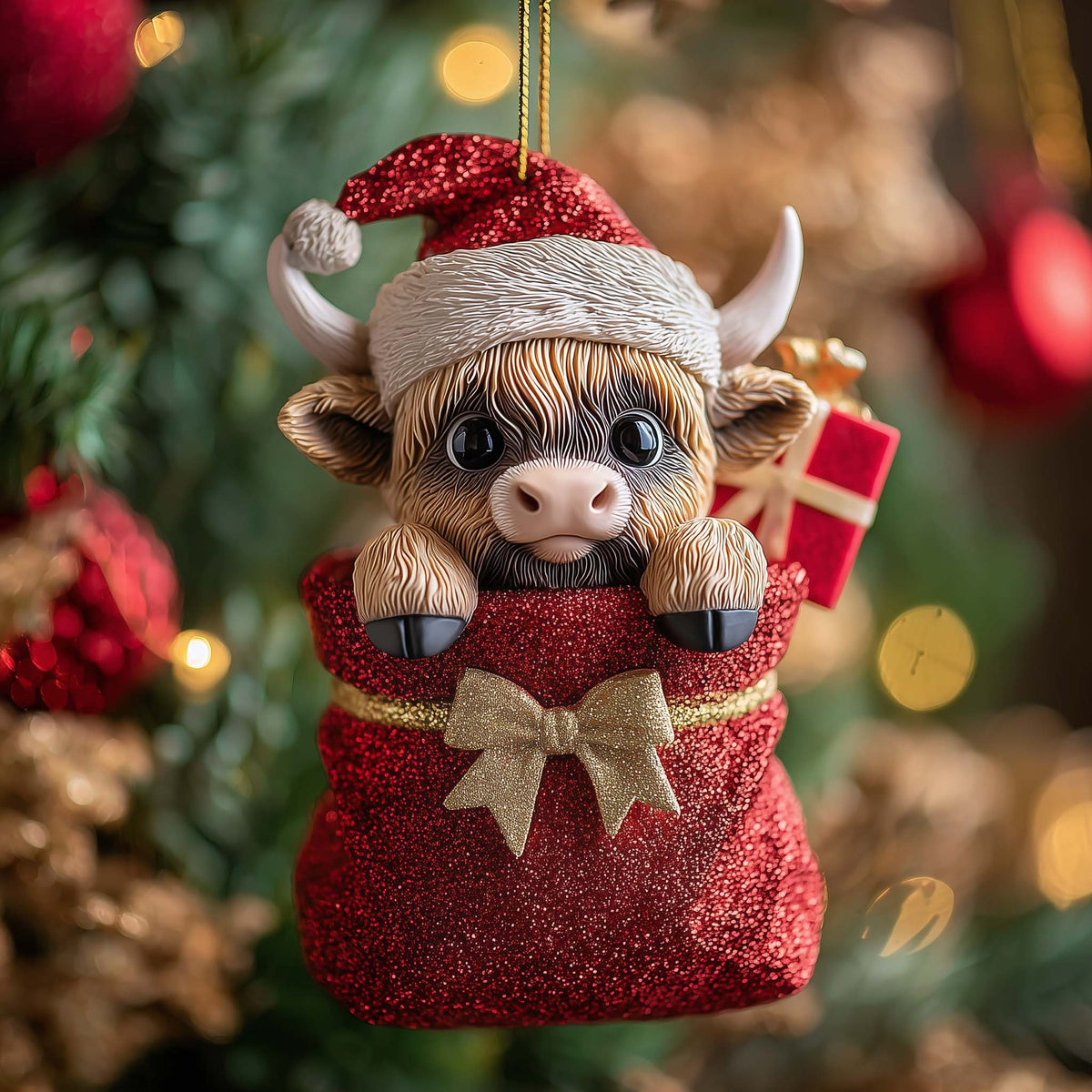 Festive Wreath Highland Cow Christmas Mica Ornament
