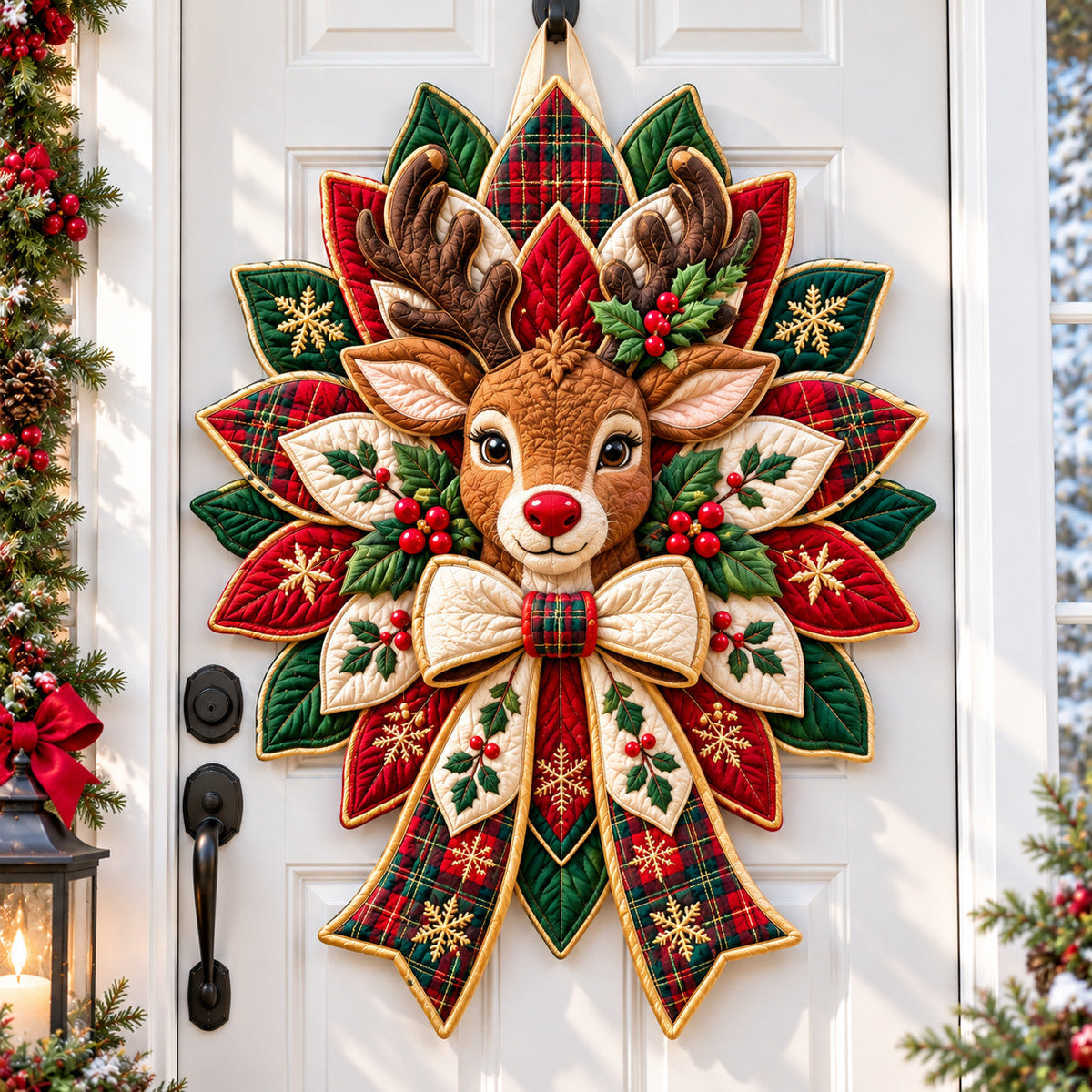 Christmas Spirit Reindeer Custom Shape Quilted Door Hanger