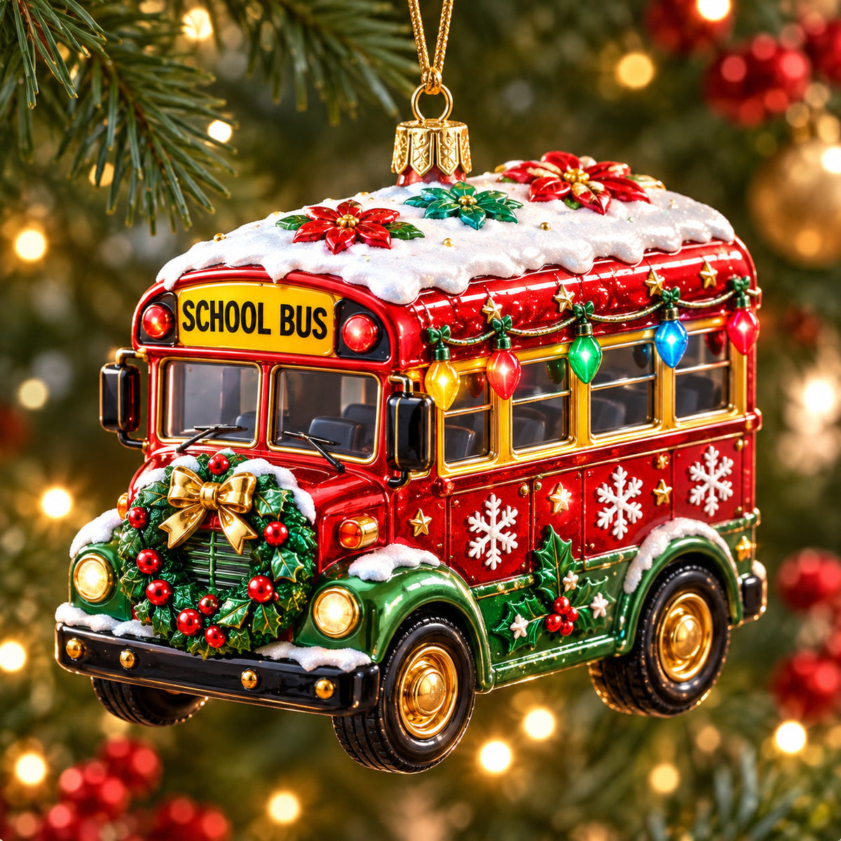 Festive School Bus Christmas Mica Ornament