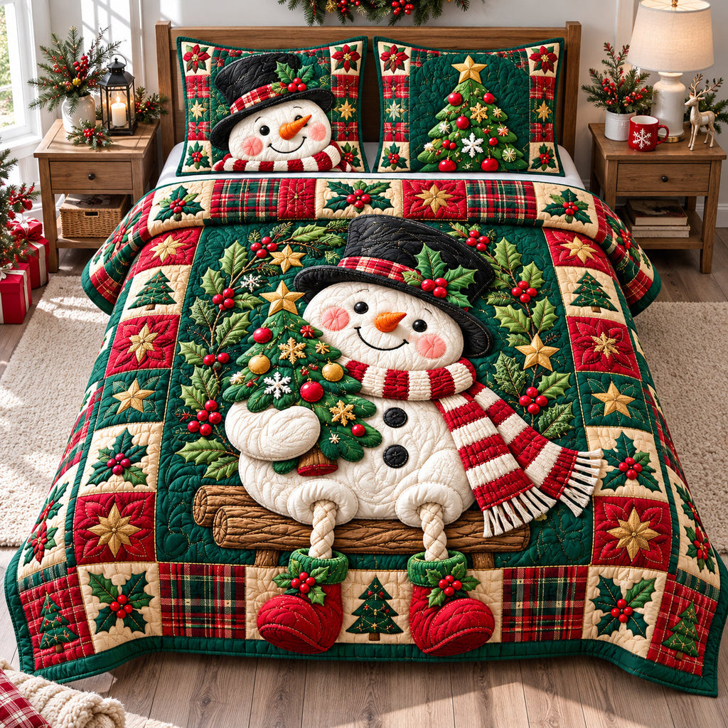 Glistening Ice Snowman Lantern Quilted Bedding Set