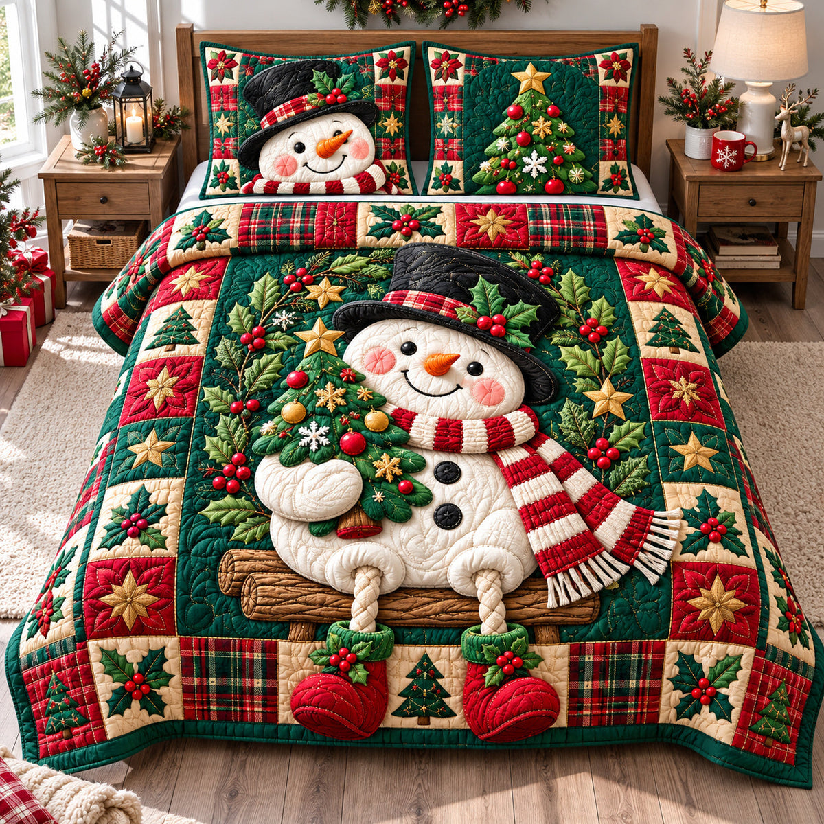 Glistening Ice Snowman Lantern Quilted Bedding Set
