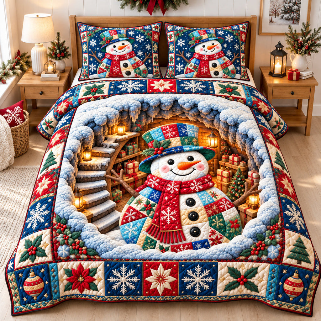 Merry Holiday Snowman Gathering Quilted Bedding Set
