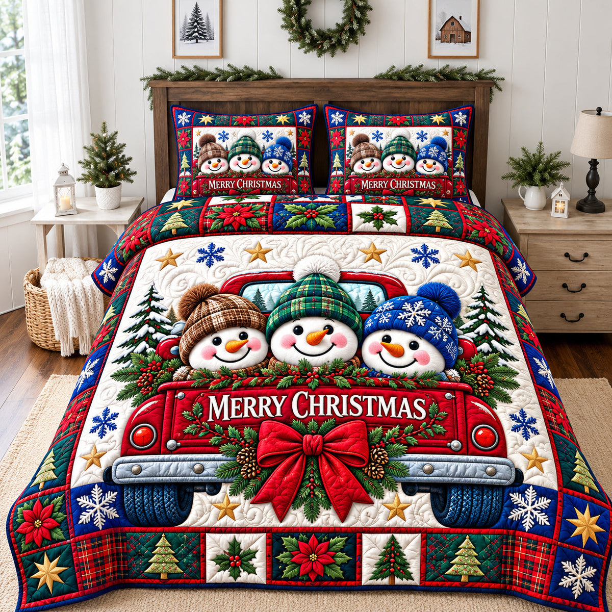 Whimsical Laughing Snowmen Quilted Bedding Set