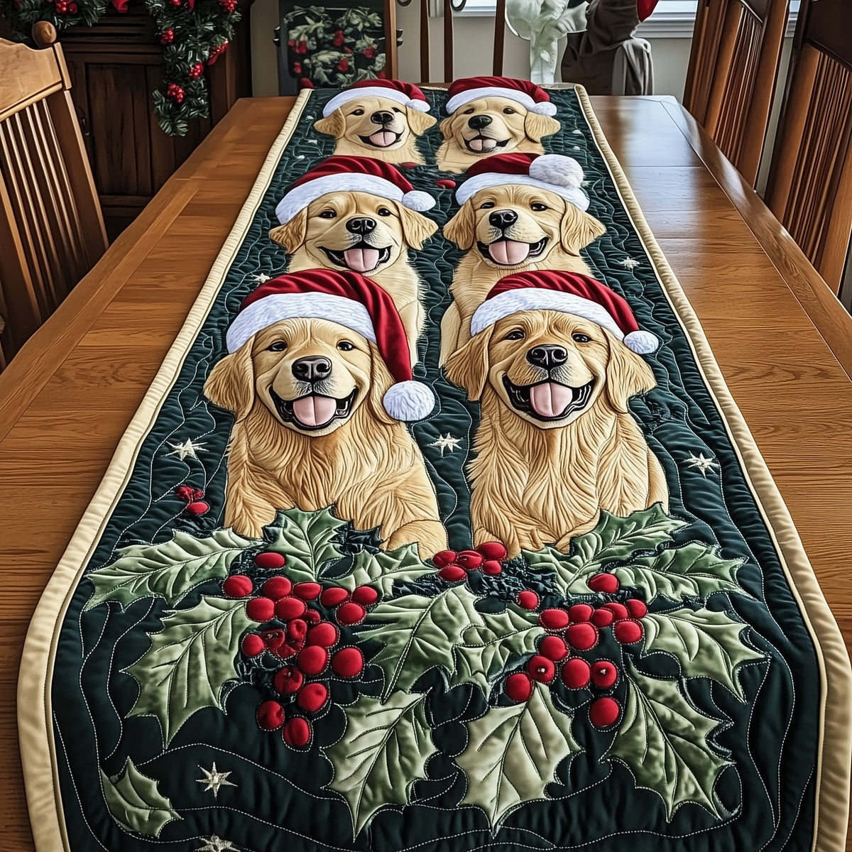 Festive Golden Retriever Quilted Table Runner