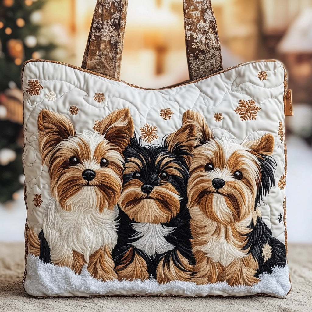 Joyful Festive Yorkies Quilted Tote Bag