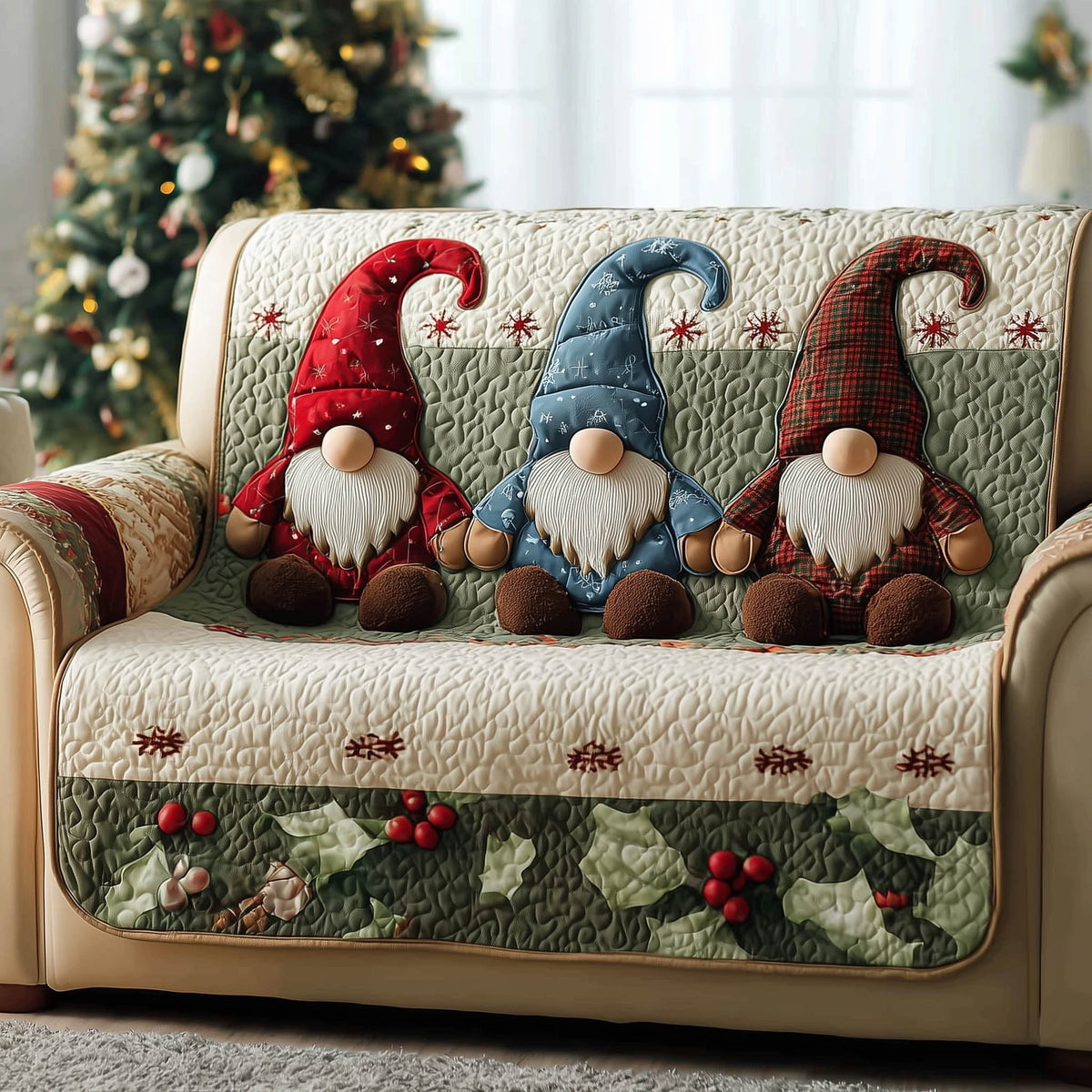 Festive Gnome Quilted Sofa Cover