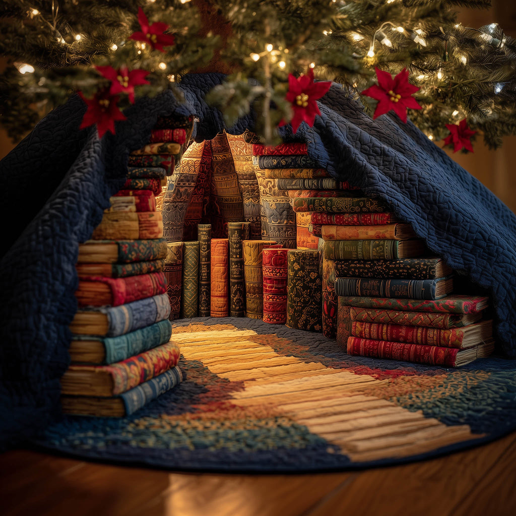 Classic Vintage Library Bookshelf Quilted Tree Skirt
