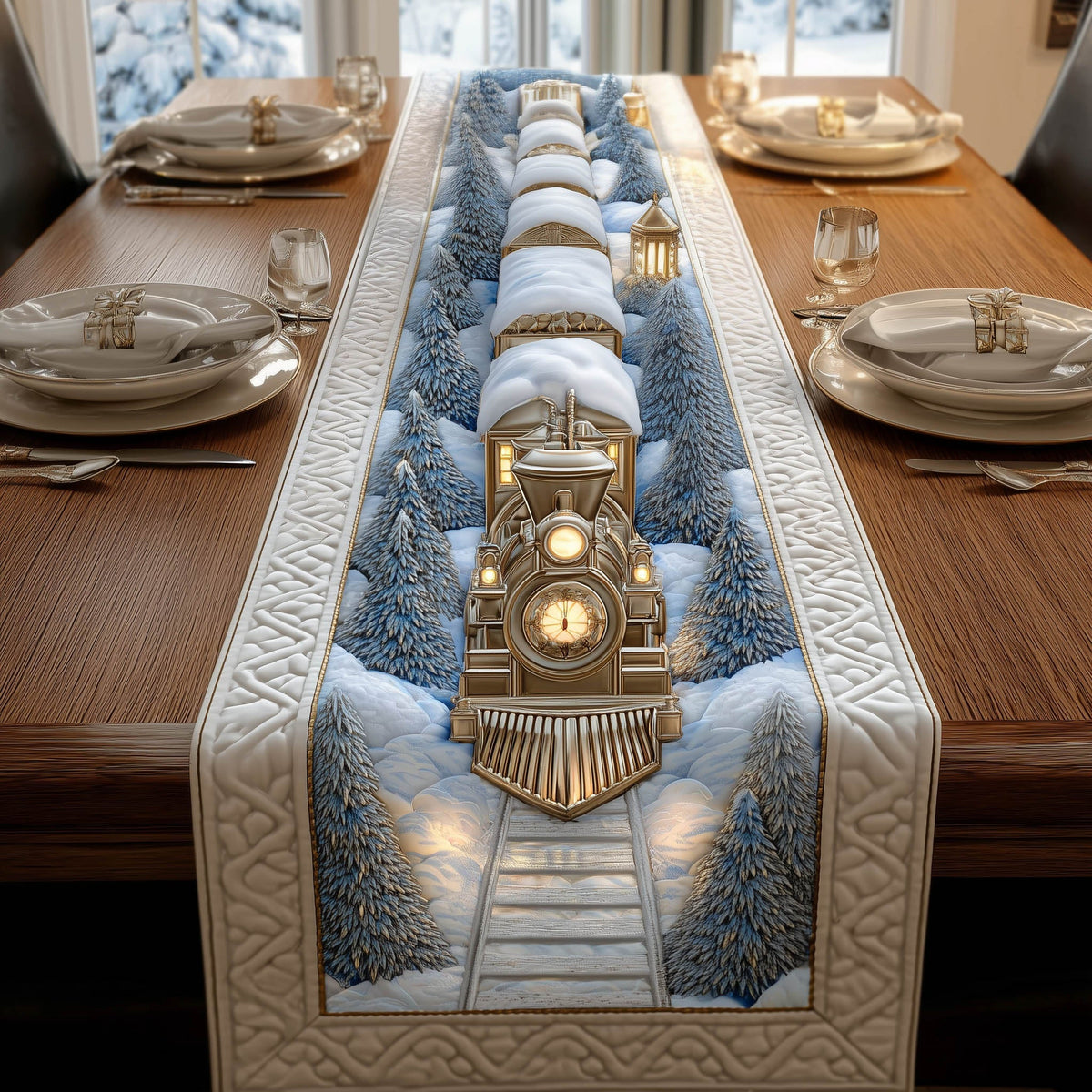 Wintry Train Tracks Quilted Table Runner