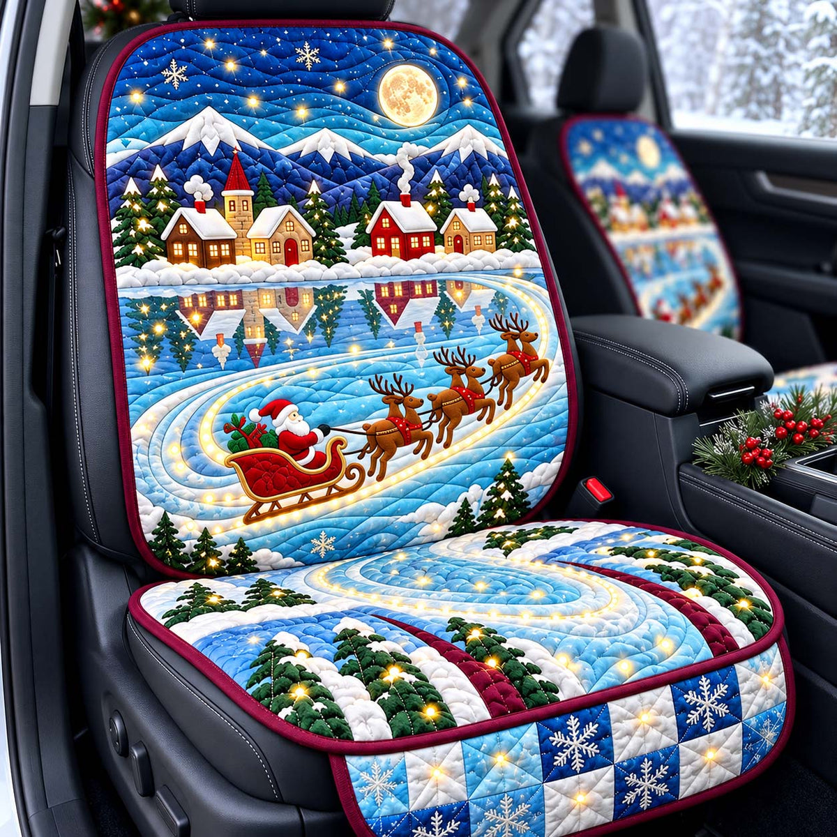 Moonlit Christmas Eve Reindeer Flight Quilted Car Seat Protector