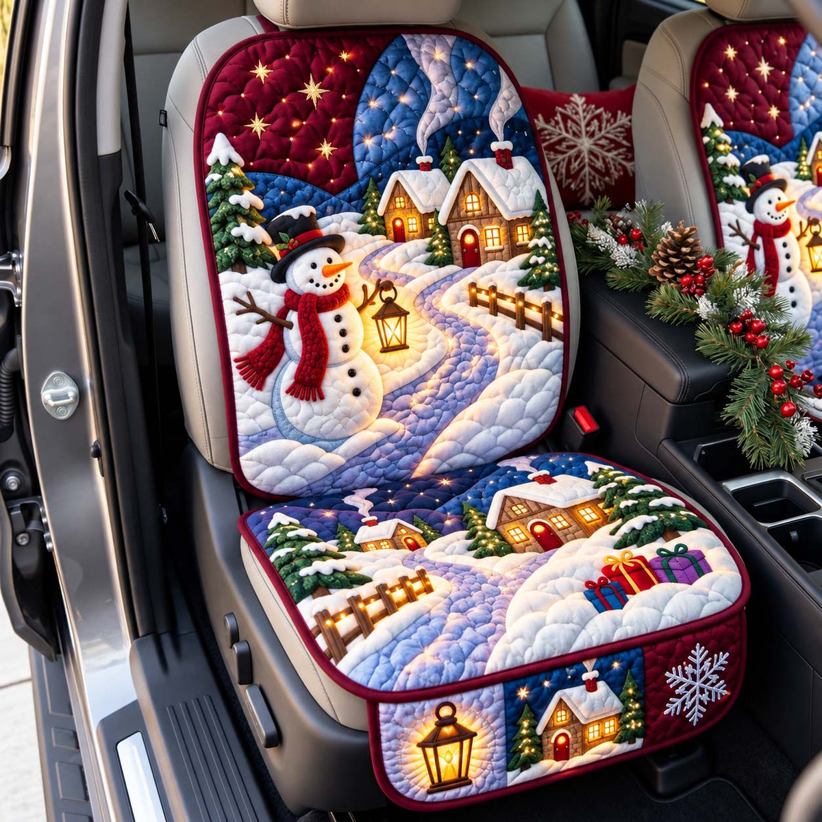 Cozy Cottage Lantern Snowman Quilted Car Seat Protector