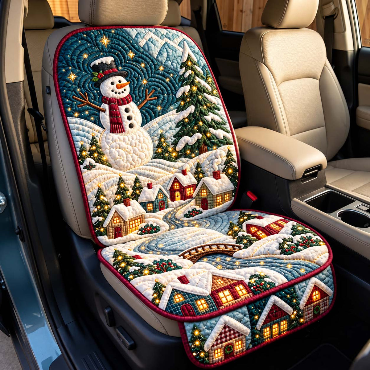 Frosty Village Square Snowman Quilted Car Seat Protector