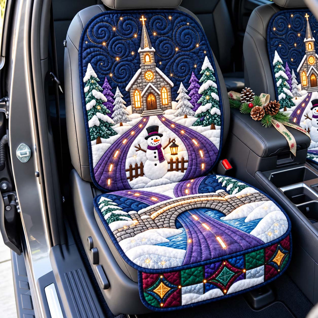 Historic Winter Chapel Snowman Walk Quilted Car Seat Protector