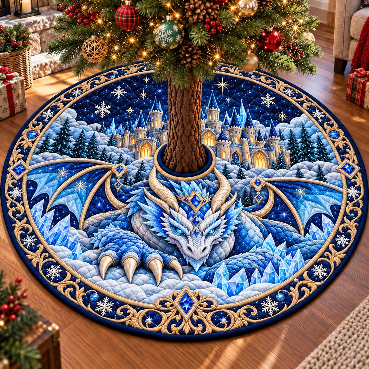 Frost Ice Dragon Kingdom Quilted Tree Skirt