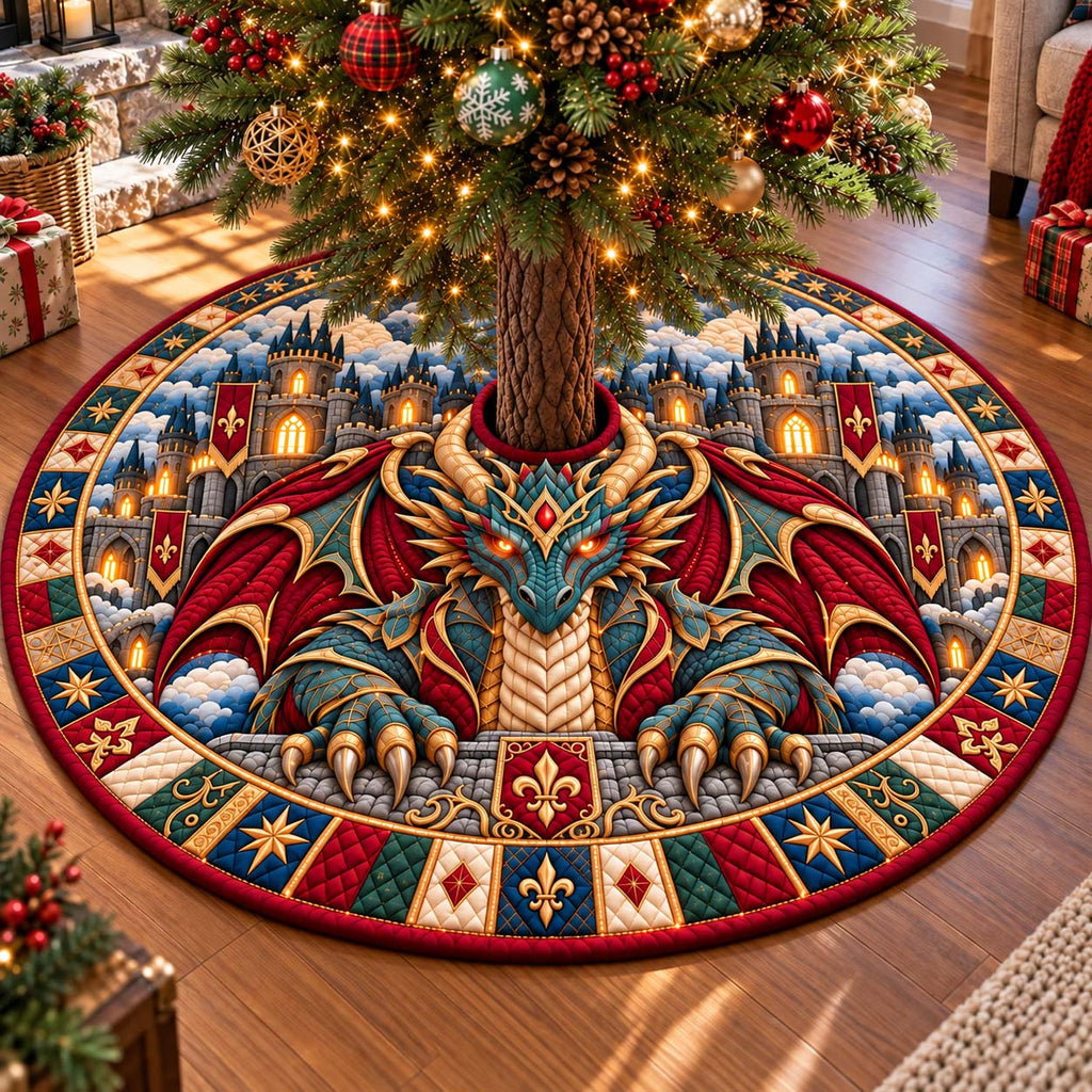 Crowned Golden Dragon Guardian Quilted Tree Skirt