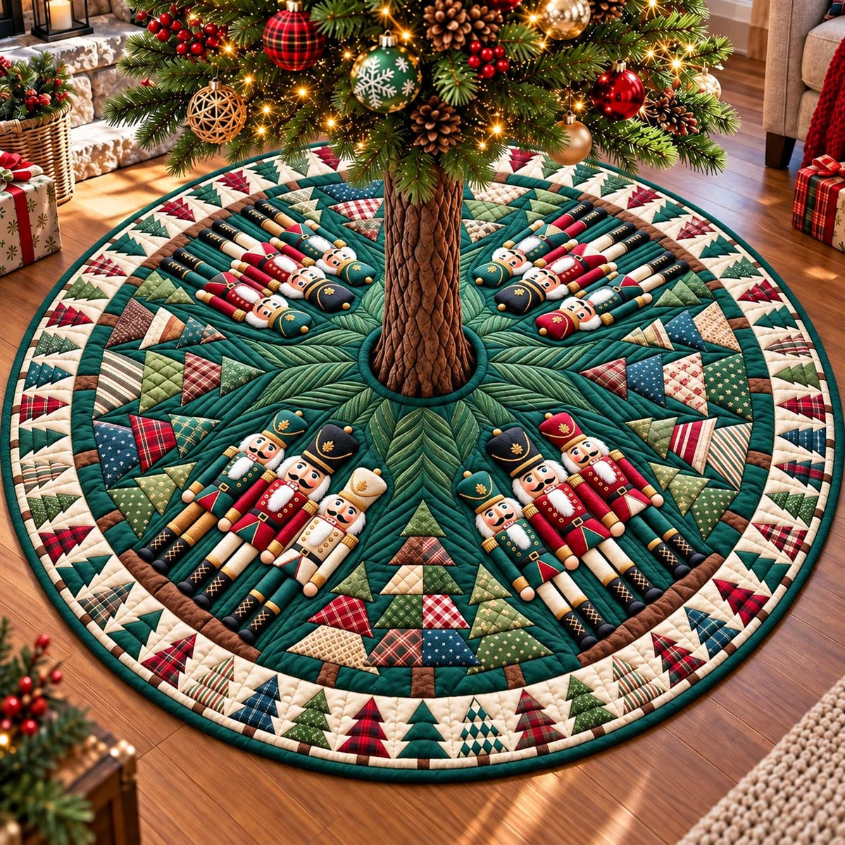 Forest Pine Guarding Nutcracker Quilted Tree Skirt