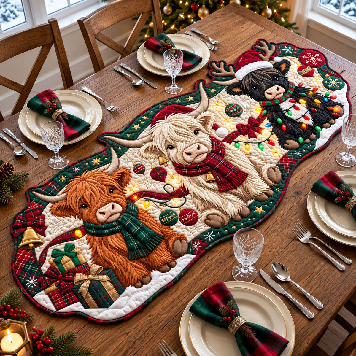 Christmas Highland Cow Custom Shape Quilted Table Runner