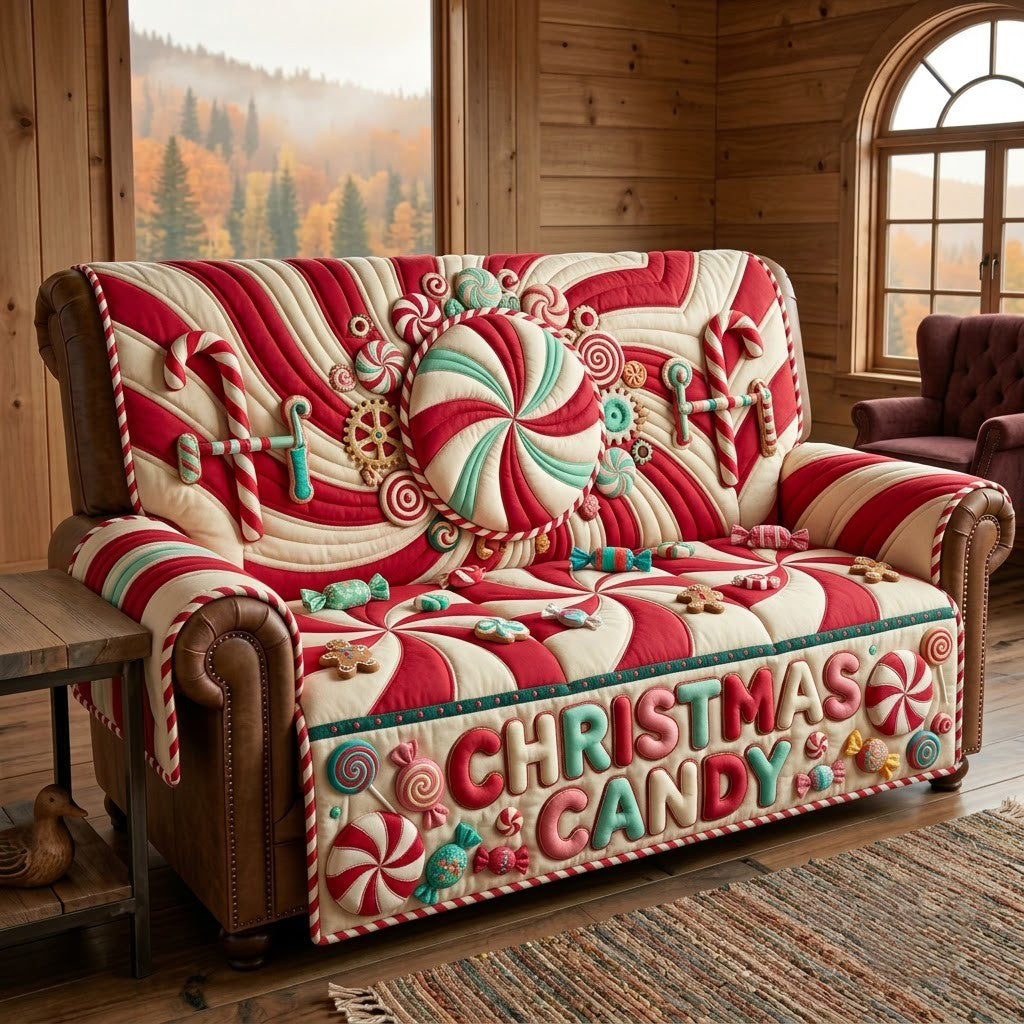 Peppermint Candy Cane Twist Quilted Sofa Cover