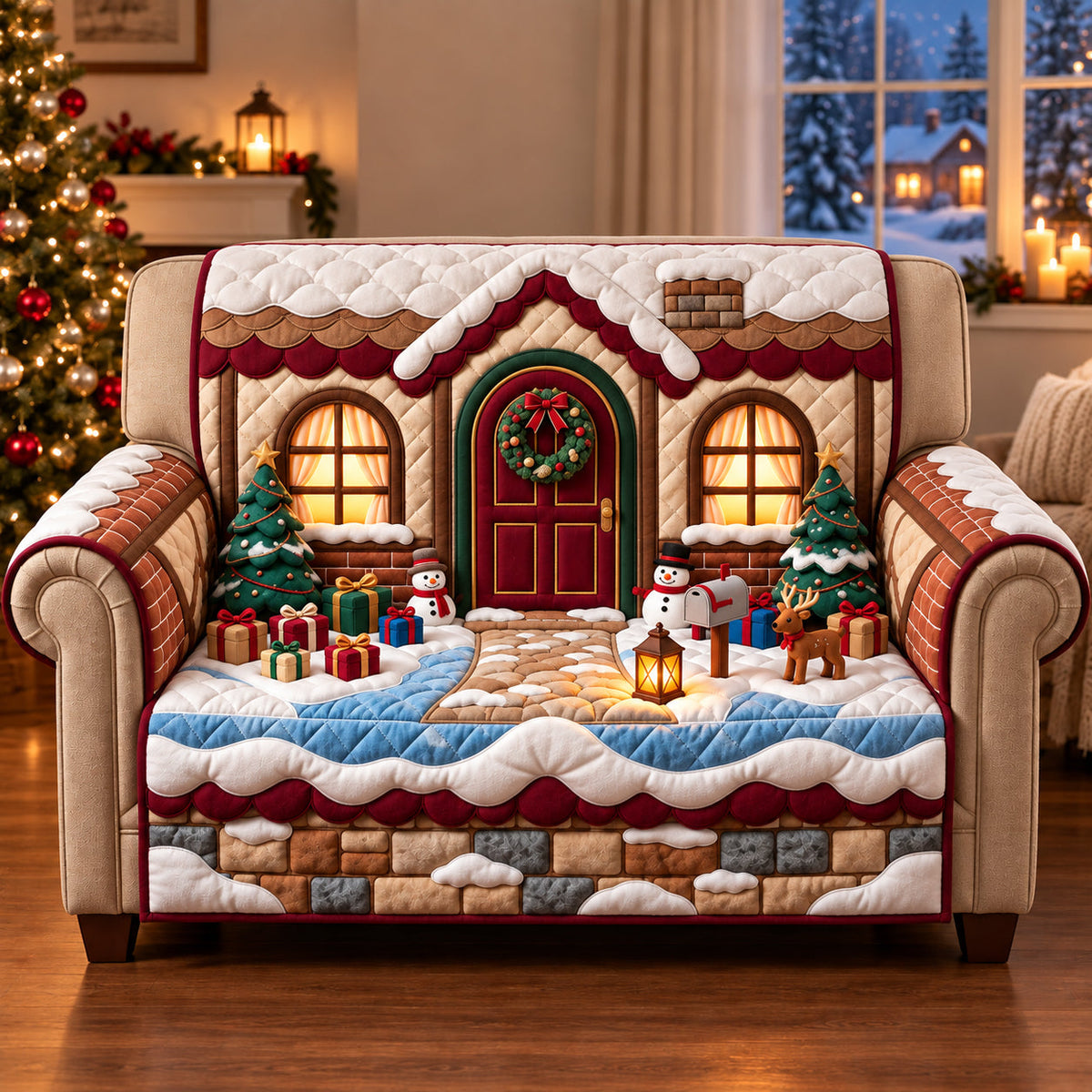 Festive Gingerbread Cottage Village Quilted Sofa Cover