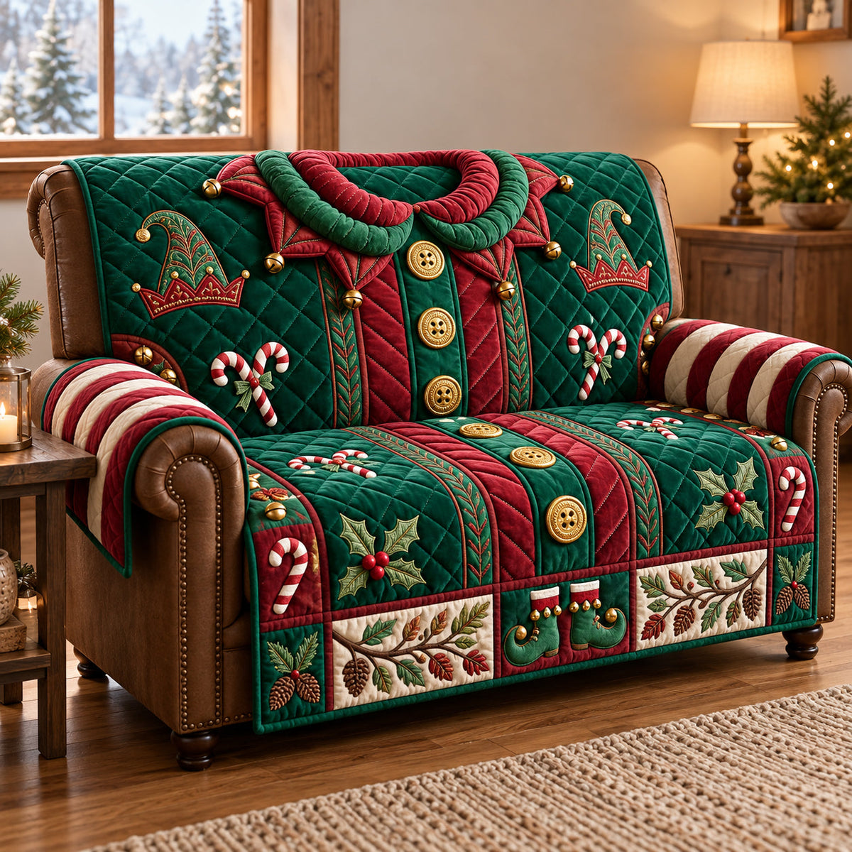 Jingle Bell Elf Workshop Tunic Quilted Sofa Cover