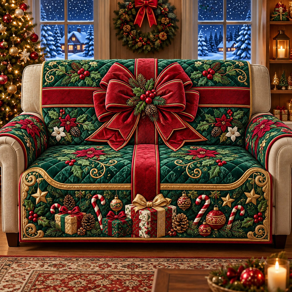 Holiday Ribbon Surprise Present Box Quilted Sofa Cover