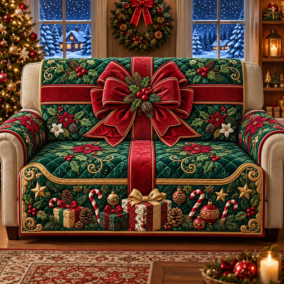 Holiday Ribbon Surprise Present Box Quilted Sofa Cover