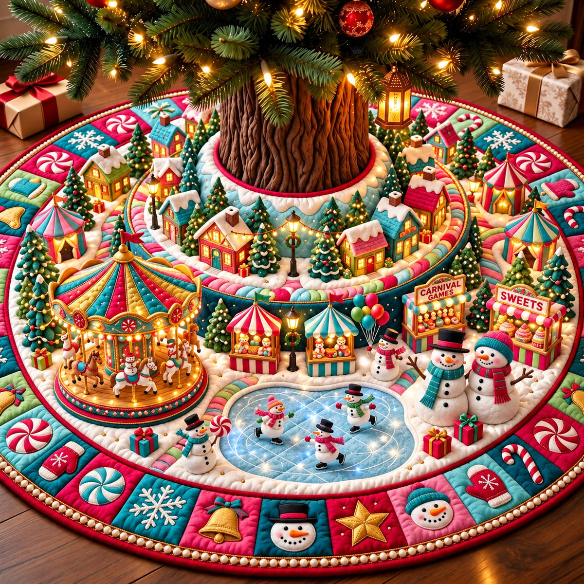 Carnival Ferris Wheel Snowmen Quilted Tree Skirt