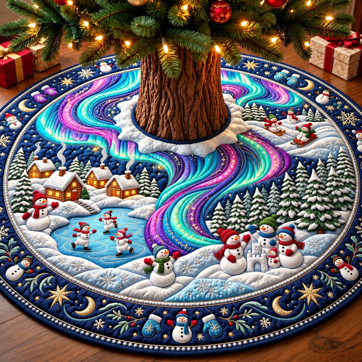 Northern Lights Glacial Snowman Quilted Tree Skirt