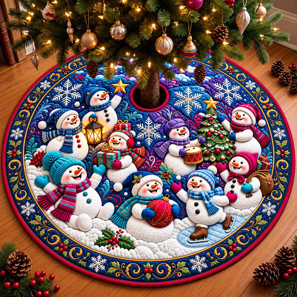 Joyful Snowman Family Hug Quilted Tree Skirt