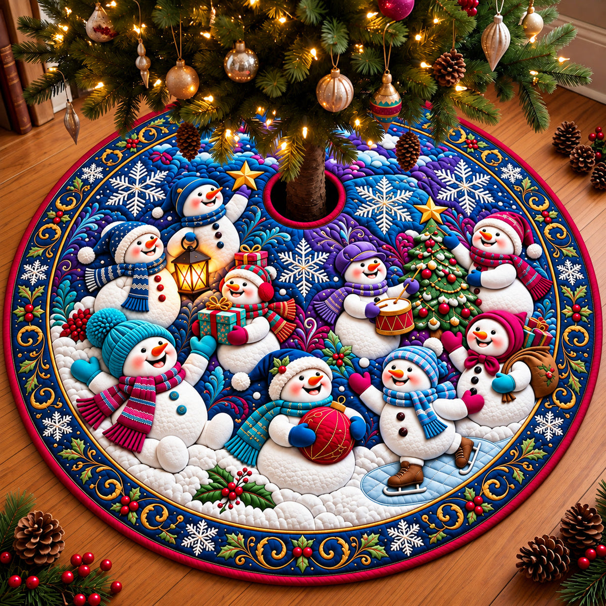 Joyful Snowman Family Hug Quilted Tree Skirt