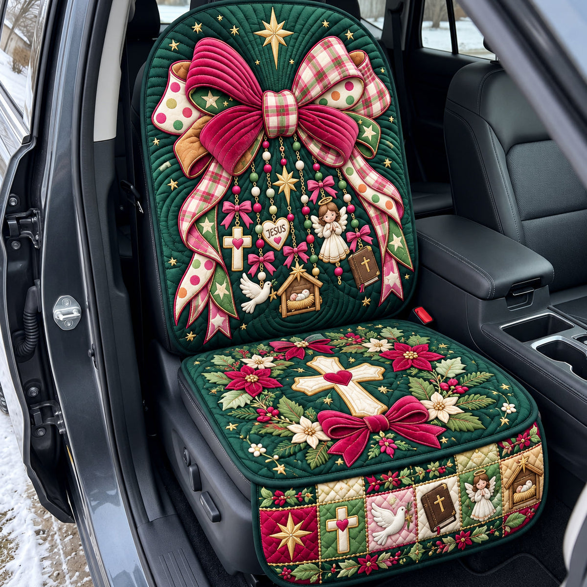 Holy Christian Floral Cross Ribbon Quilted Car Seat Protector