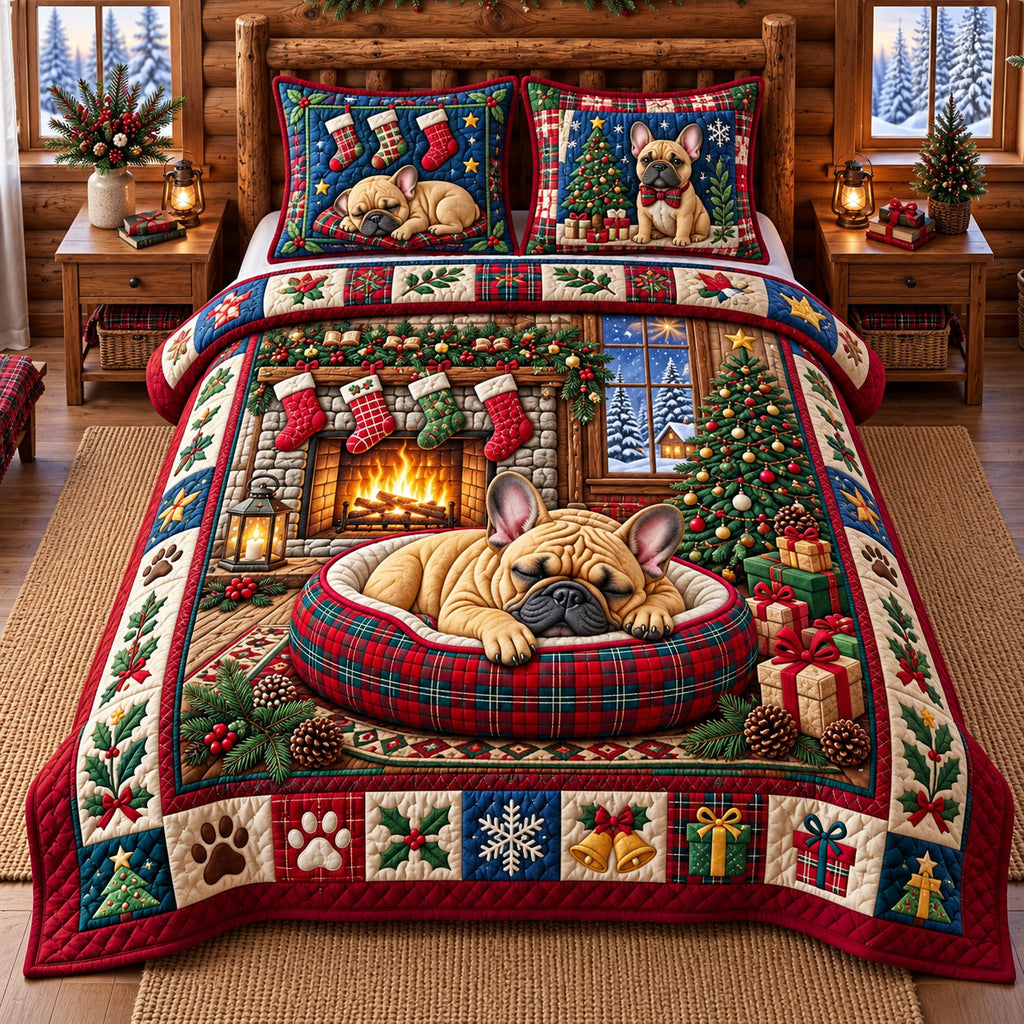 English Bulldog Christmas Scarf Quilted Bedding Set