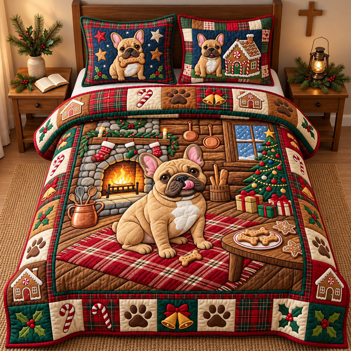 Wrinkled Pug Holiday Lights Quilted Bedding Set