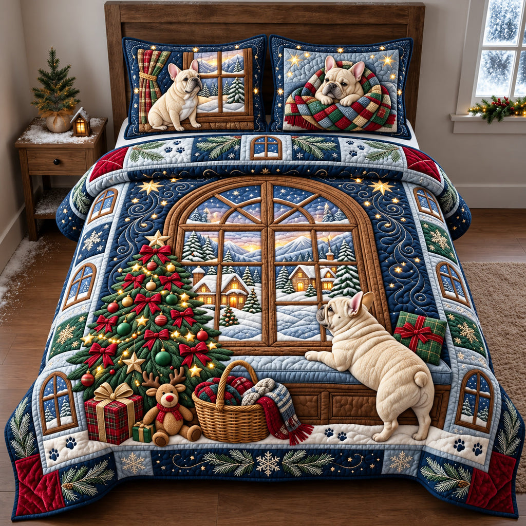 French Bulldog Santa Hat Quilted Bedding Set