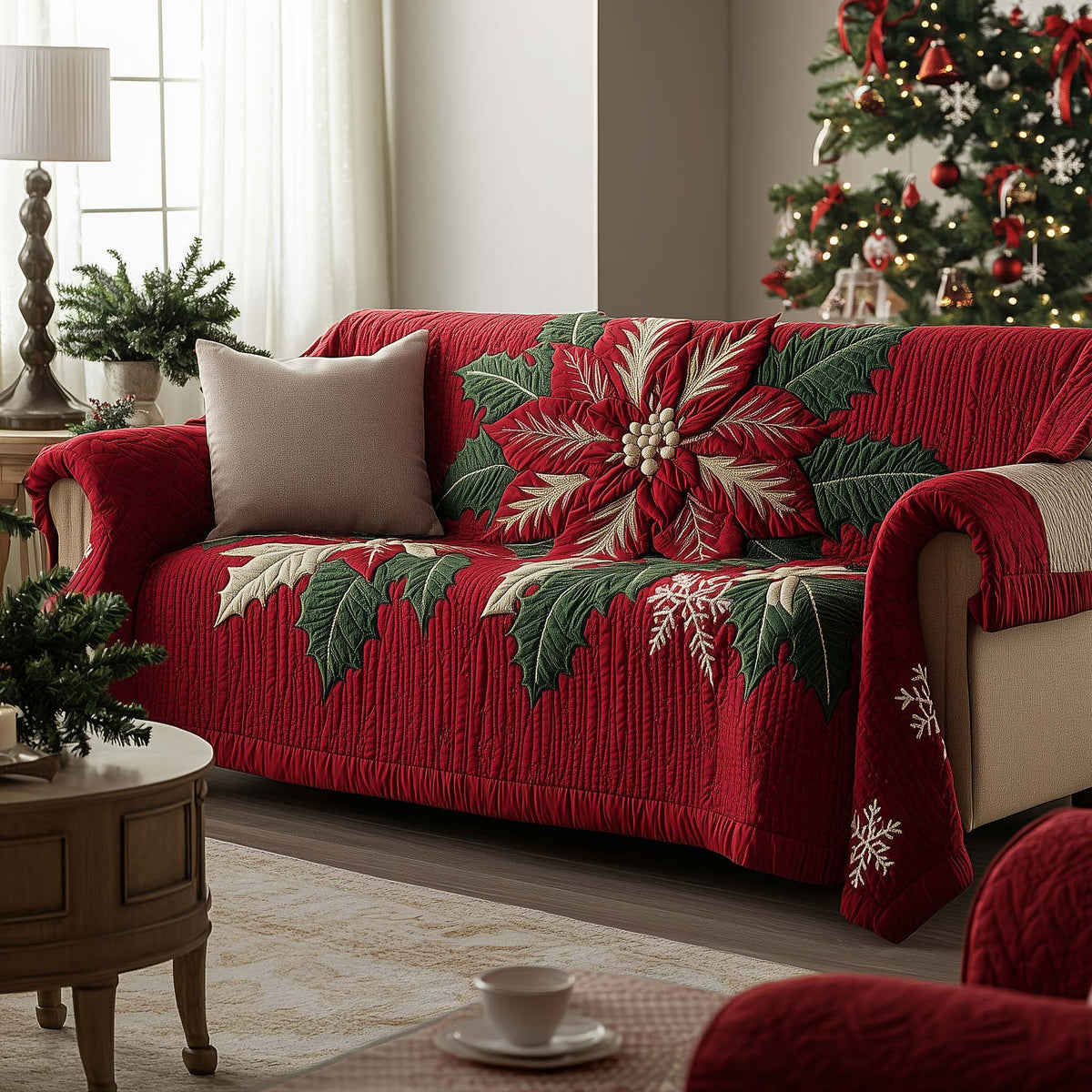 Festive Poinsettia Quilted Sofa Cover