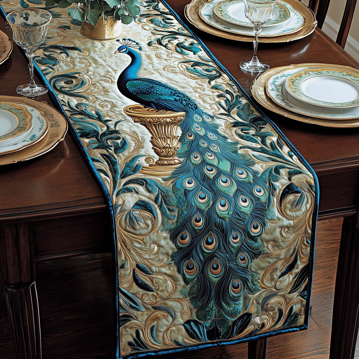 Majestic Peacock Quilted Table Runner