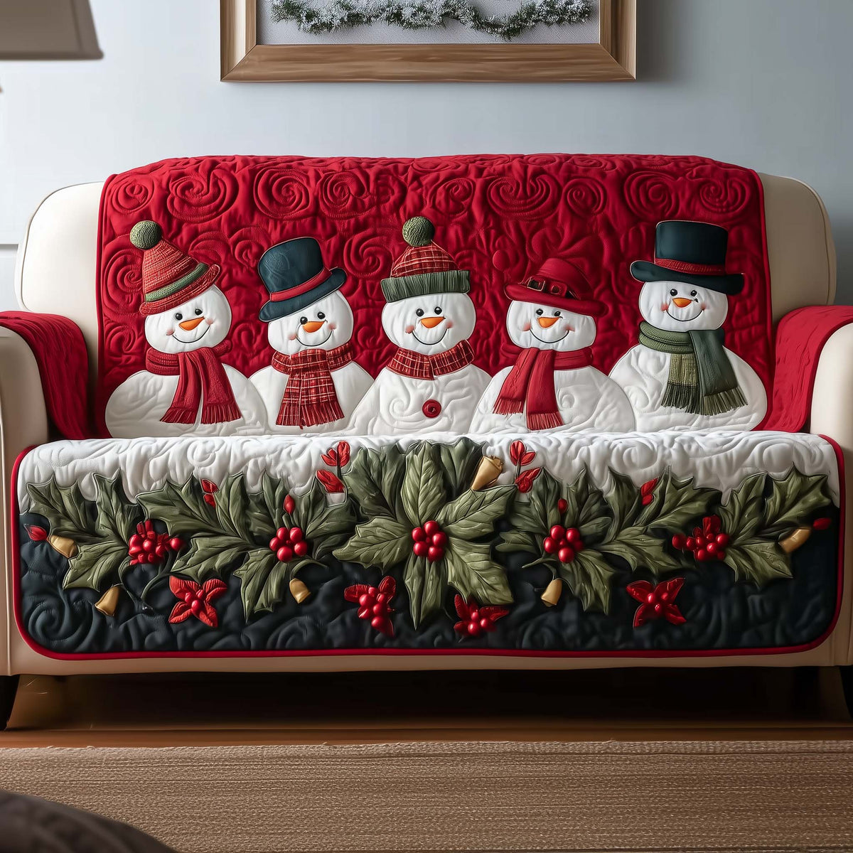 Jolly Winter Snowman Scarf Quilted Sofa Cover