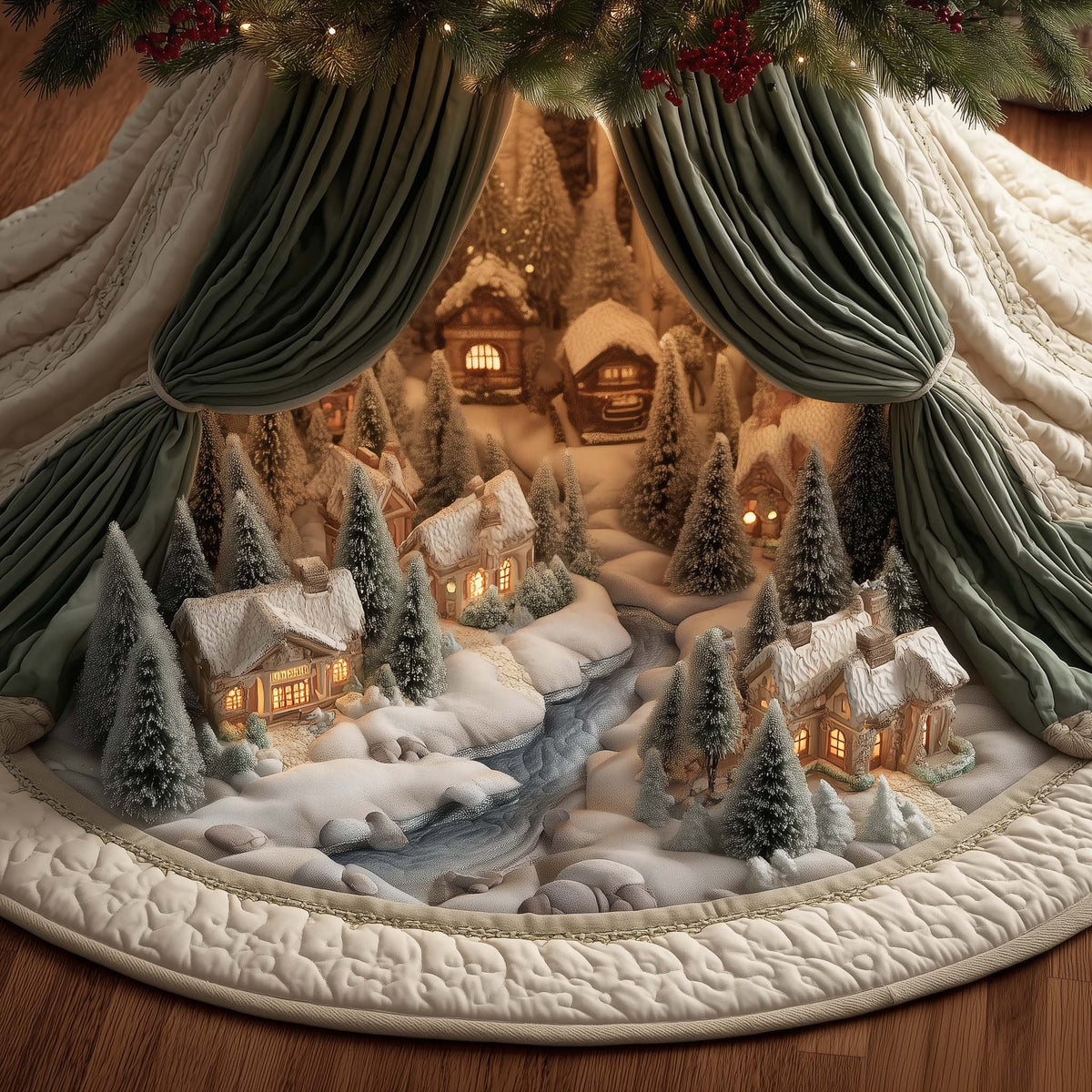 Christmas Wonderland Town Quilted Tree Skirt