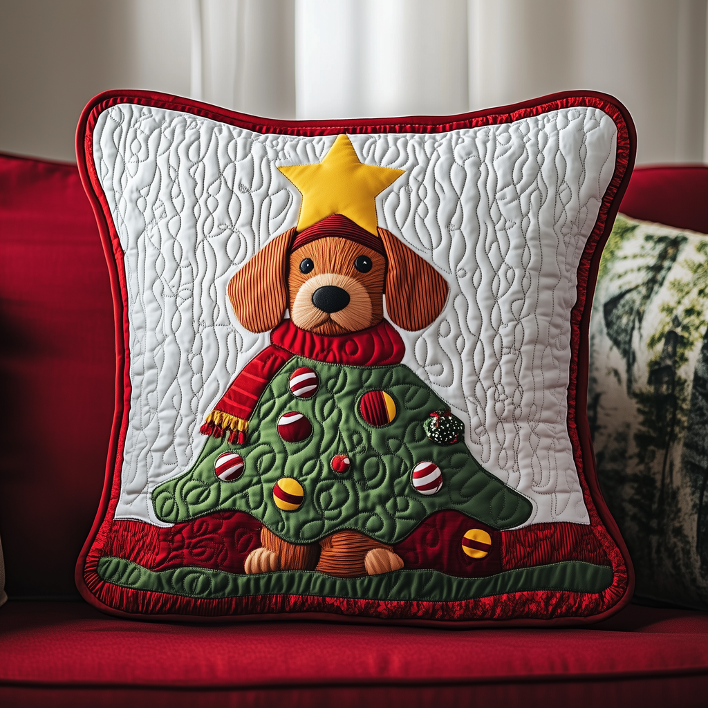 Merry Dachshund Christmas Tree Quilted Pillow Case