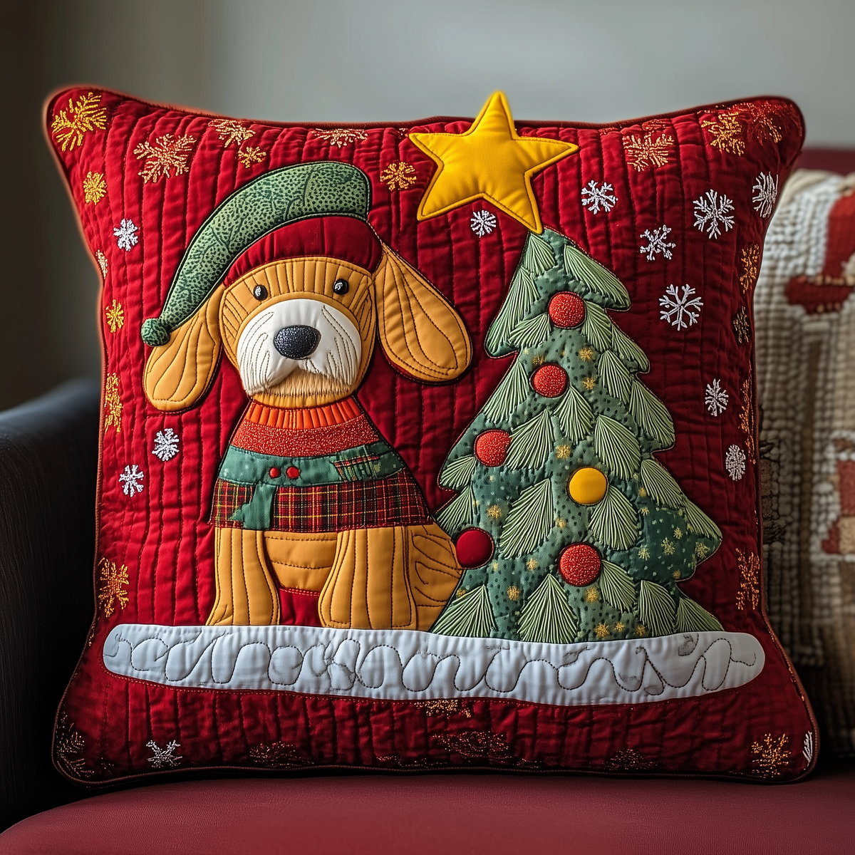 Festive Dachshund Christmas Tree Quilted Pillow Case