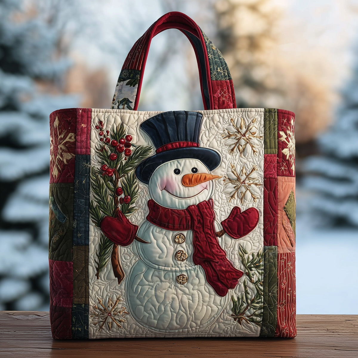 Festive Holiday Snowman Charm Quilted Tote Bag