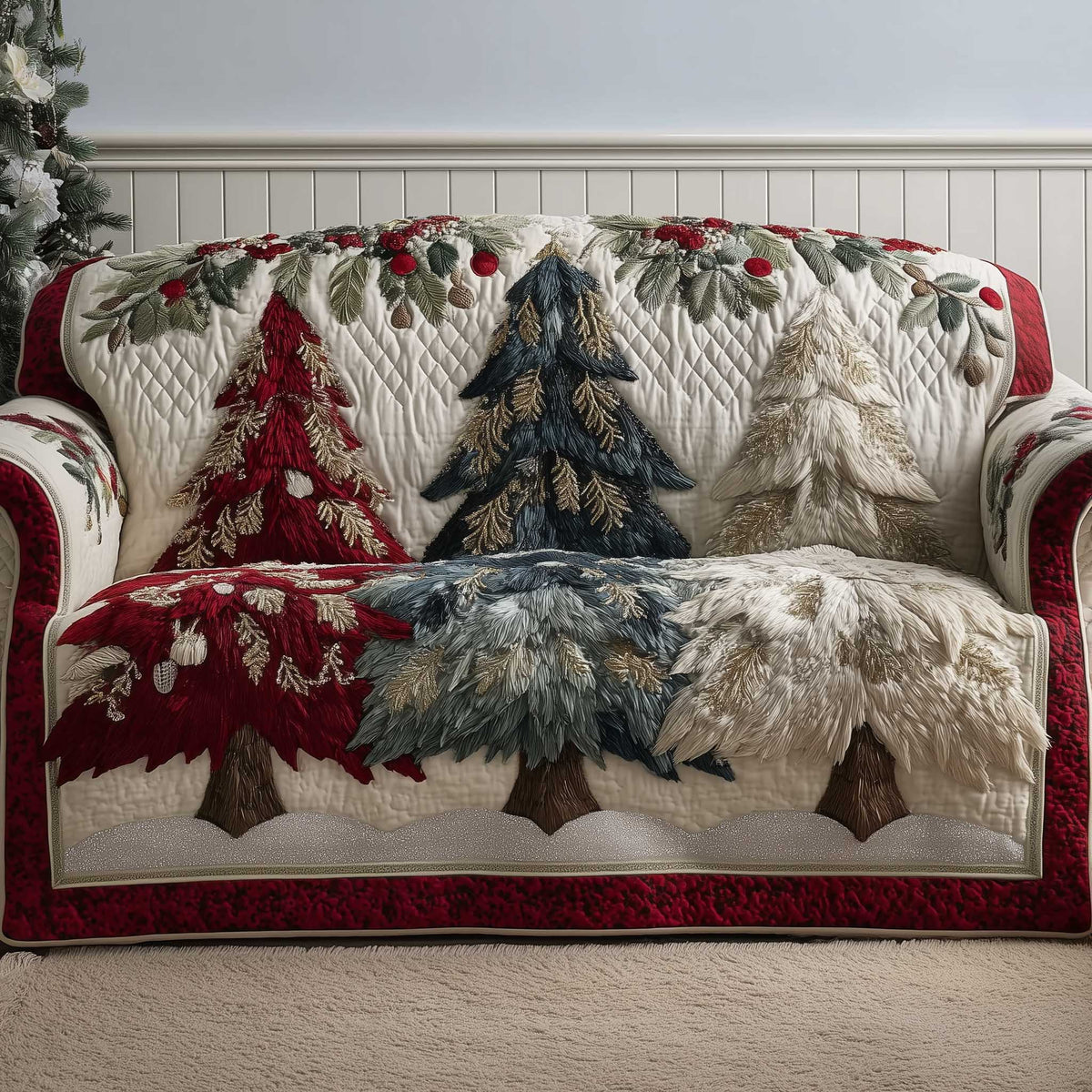 Holiday Glow Poinsettia Floral Quilted Sofa Cover